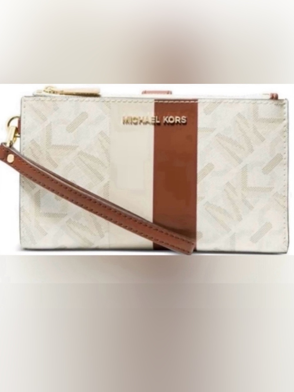 NWT Michael Michael Kors Jet Set Logo Double zip Vanilla/Luggage wristlet